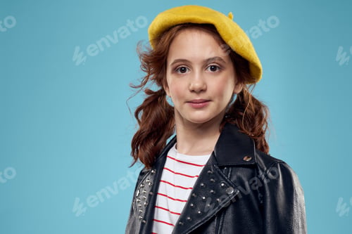 Preview: Fashionable girl in a yellow beret and leather jacket striped T-shirt blue background