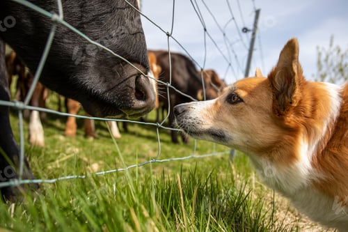 Preview: Close-up shot of an Icelandic dog looking at a cow behind the fence