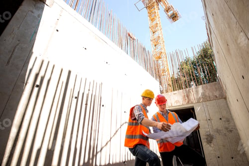 Preview: Structural engineer and construction manager dressed in work clothes and hard bats explore
