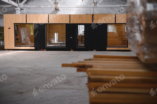 Preview: Production of new wooden modular houses. Construction site