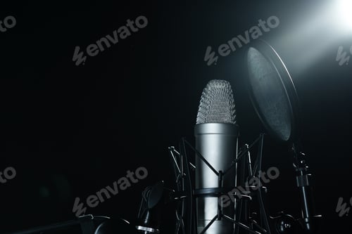 Preview: Professional microphone against black background in studio