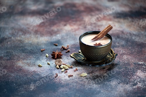 Preview: Indian masalachai masala tea cup on the old kitchen table