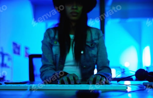 Preview: Hacker, keyboard or typing hands in neon coding, cybersecurity ransomware SEO or night phishing pro