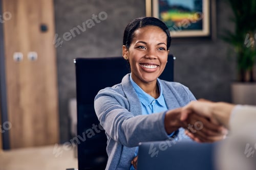 Preview: Photo of a smiling African woman shaking hands with a female client finished a meeting.
