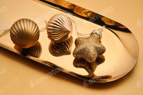 Preview: Christmas tree toys on a golden tray.