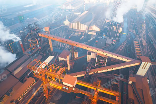 Preview: Industrial iron production factory during manifacture, aerial view from exterior,among smokes