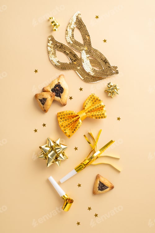 Preview: Invitation concept for a lavish Purim event with top view vertical photo of triangular pastries