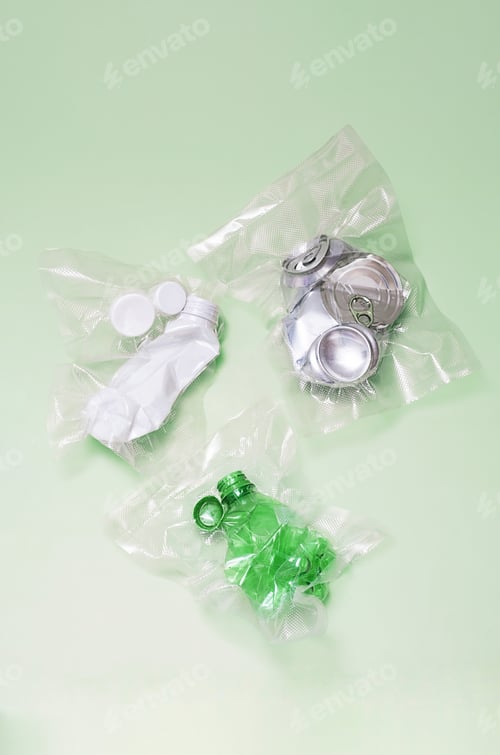 Preview: Crushed aluminum cans and plastic bottles vacuum-sealed.