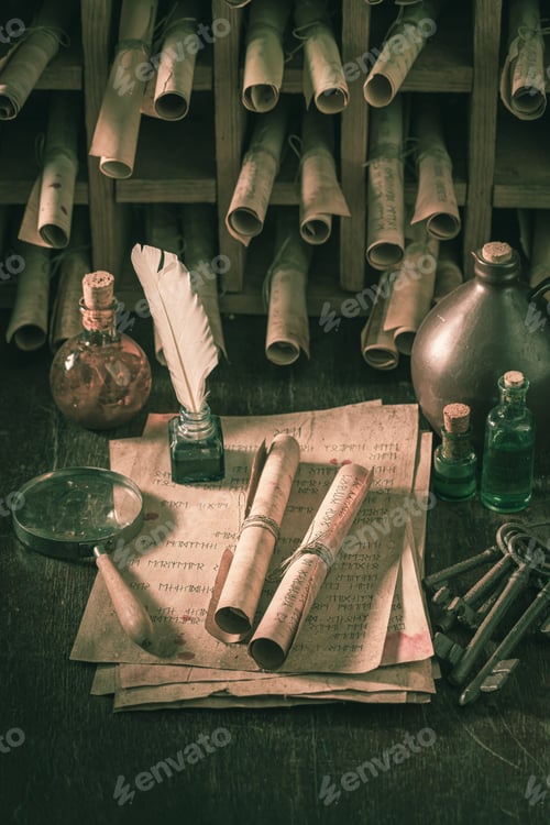 Preview: Old scribe library full of valuable manuscripts as mystical background