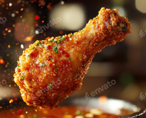 Preview: Crispy chicken drumstick coated in spicy glaze during evening cooking preparation
