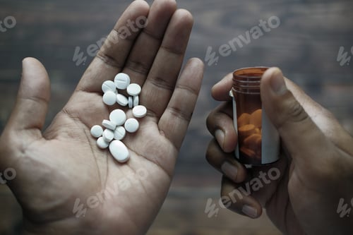 Preview: high angle view of pills and container on hand