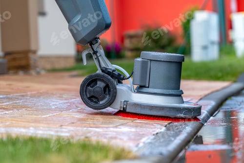 Preview: manual cleaning of concrete and stone pavements with a mechanical brush and foam