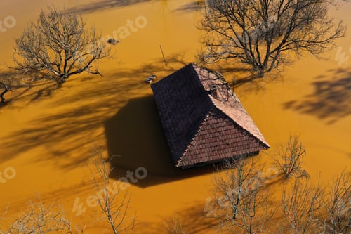 Preview: Aerial view of sinking village house in the middle of toxic acid mine drainage decanting pond
