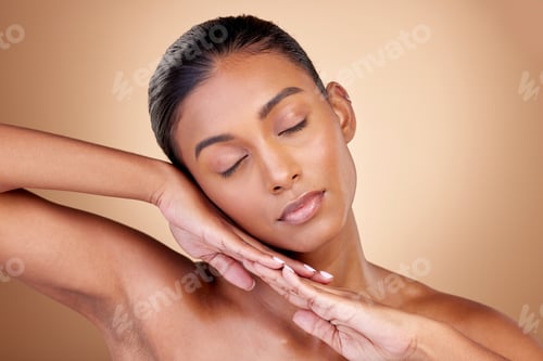 Preview: Relax, beauty or natural woman with wellness or facial glow with dermatology skincare cosmetics in