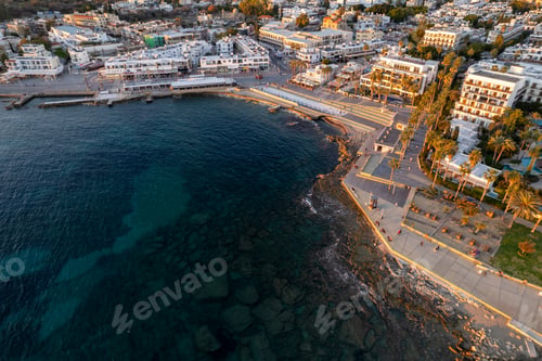 Preview: Drone aerial view of Paphos coastal city at sunset. Cyprus holiday resort cities.