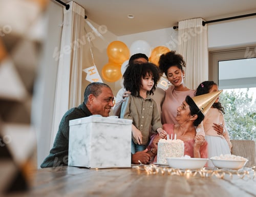 Preview: Grandparents, parents and children with cake at birthday for event, celebration and social gatherin