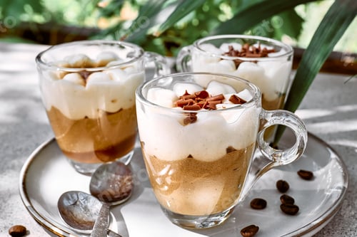 Preview: Traditional Italian dessert Tiramisu in glass cups on gray table.