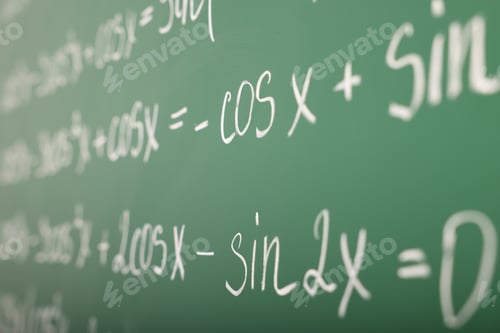 Preview: Many different math formulas written on green chalkboard, closeup
