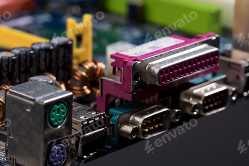 Preview: close up view of computer motherboard colorful ports