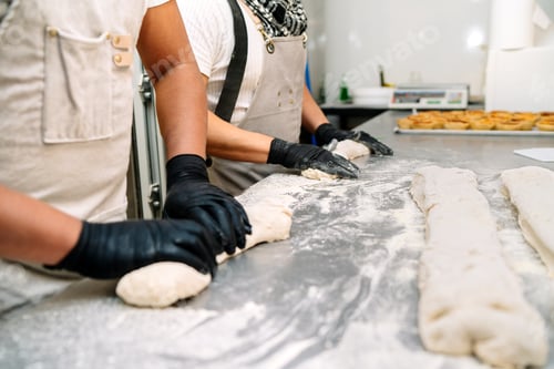 Preview: two bakers kneading the dough to make bread before putting it in the oven on a baking table
