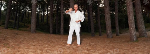 Preview: Panoramic Shot Of Meditating Senior Man In Forest. Tai-Chi. Dressed In White. Peace Of Mind