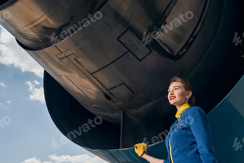 Preview: Smiling attractive stewardess looking in front of her