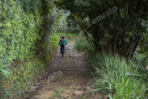 Preview: Woman cycling on mountain bike wearing helmet along dirt path bordered by stone edging in forest
