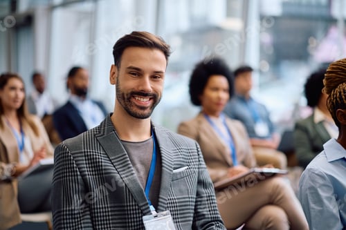 Preview: Happy businessman attending a conference in convention center and looking at camera