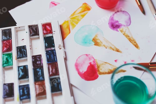 Preview: Watercolor Ice Cream Cones with Paints and Brushes