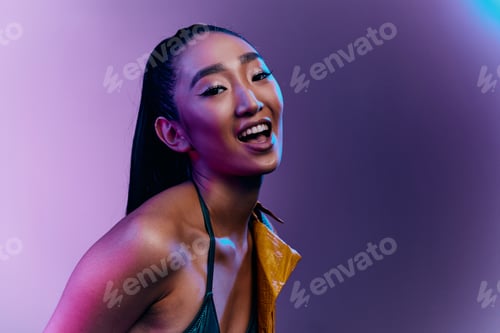 Preview: Trendy woman elegant light colorful disco blue beauty fashion neon purple