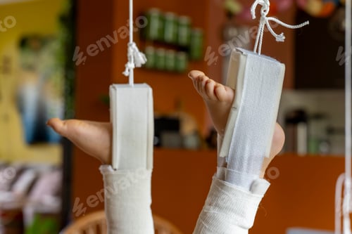 Preview: Close-up of a person's legs suspended in orthopedic traction with white casts in a hospital room.