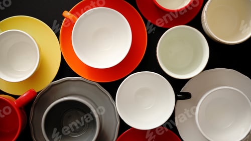 Preview: Empty colorful modern ceramic plates and cups collection