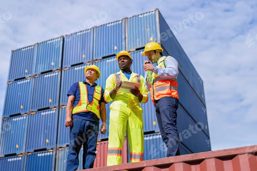 Preview: 3 engineer working in container storage yard use digital tablet check quantity prepare to delivery