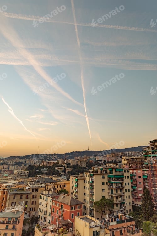 Preview: Genoa, spectacular views of the historic city center of Genoa from Castelletto at sunset