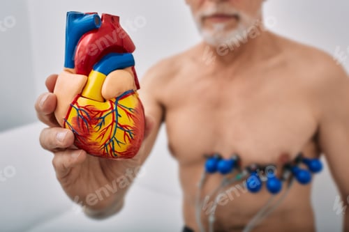 Preview: Senior man during heart test with sensors holding anatomical model of human heart in hand in front