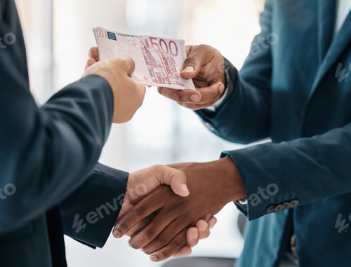 Preview: Hands, money and business exchange service or sale transaction in store. Closeup of businessmen dol