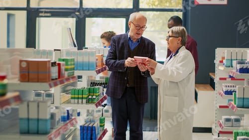 Preview: Female specialist explaining cardiology pills treatment to old man