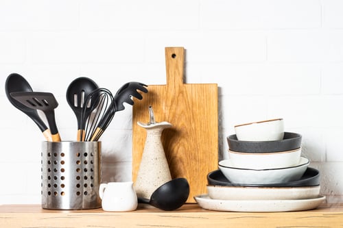 Preview: Modern Kitchen with wooden table, kitchen utensils, cooking pots at white background.