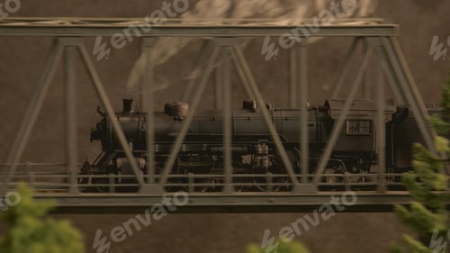 Preview: Toy freight locomotive with steam crossing the bridge close up.
