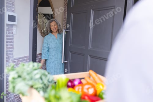 Preview: Happy senior caucasian women opening house door and welcoming courier with vegetables