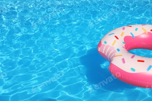 Preview: Inflatable ring floating in swimming pool on sunny day. Space for text