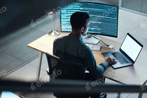 Preview: Man, programmer and coding at night on laptop mockup screen for networking, malware or software at
