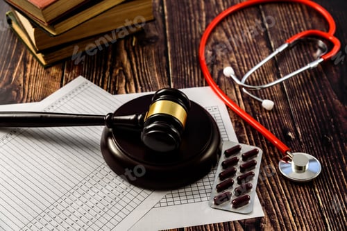 Preview: Stethoscope, books, pills and judge gavel seen from above.