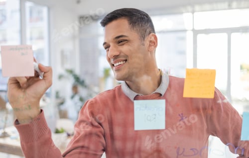 Preview: Writing, planning and businessman with strategy in office for schedule, agenda or calendar on stick