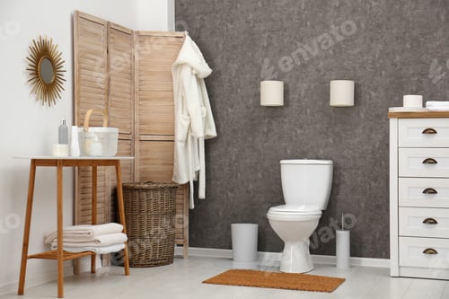Preview: Ceramic toilet bowl in stylish bathroom. Idea for interior design