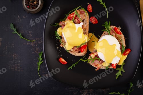 Preview: Breakfast. Sandwich with ham, poached egg, onion and arugula
