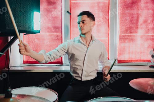 Preview: Man playing drums in the studio. Music, passion, energy