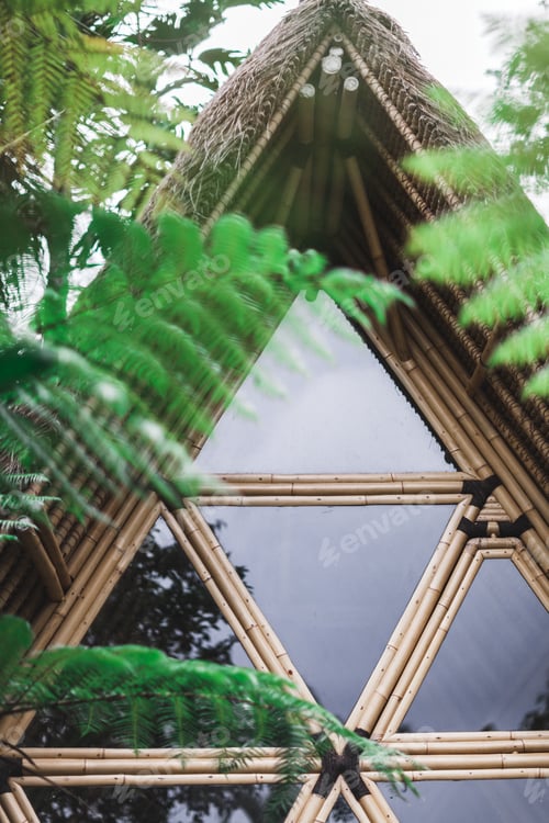 Preview: Bamboo house with a triangular roof and panoramic windows, modern eco and natural architecture