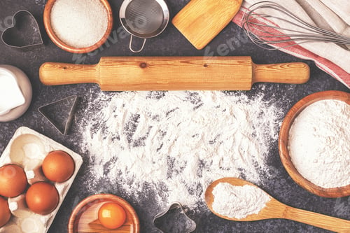 Preview: Ingredients for baking - flour, wooden spoon, rolling pin, eggs