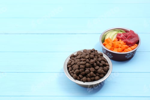 Preview: Bowls with dry and natural dog food on wooden background. Space for text
